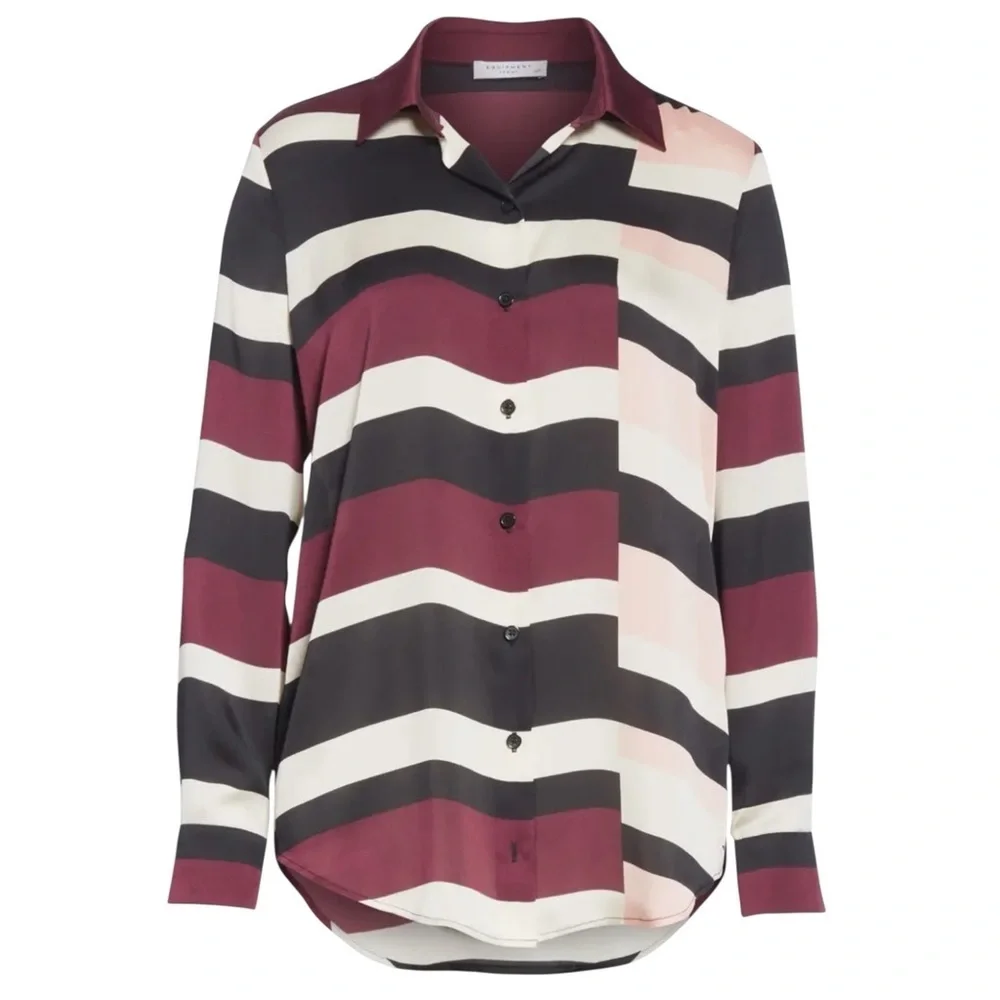 NWT EQUIPMENT ESSENTIAL BLOCK-STRIPE BUTTON-DOWN SHIRT IN TRUE BLACK MULTI SZ M - Picture 4 of 9